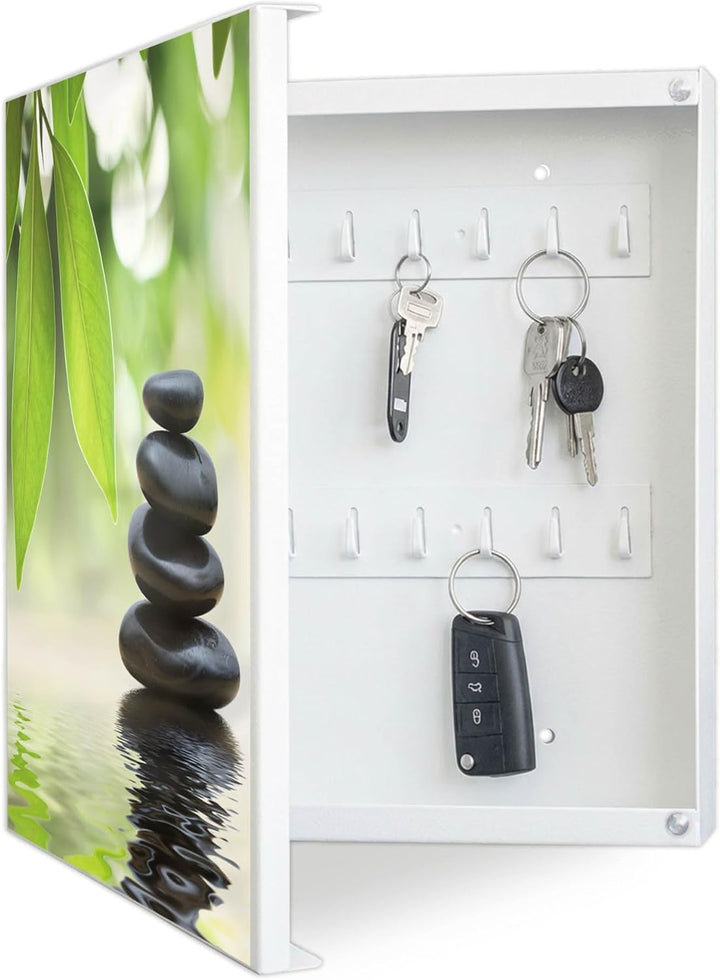 banjado® Grosser Schlüsselkasten Glas/Schlüsselbox 30cm x 30cm mit 50 Haken - Motiv Zen Relax/Schlüs