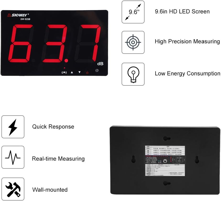 Zerodis Schallpegelmesser, 30~130dB 9,6 inches grosser LCD Bildschrim Display Wand Hängende Dezibel