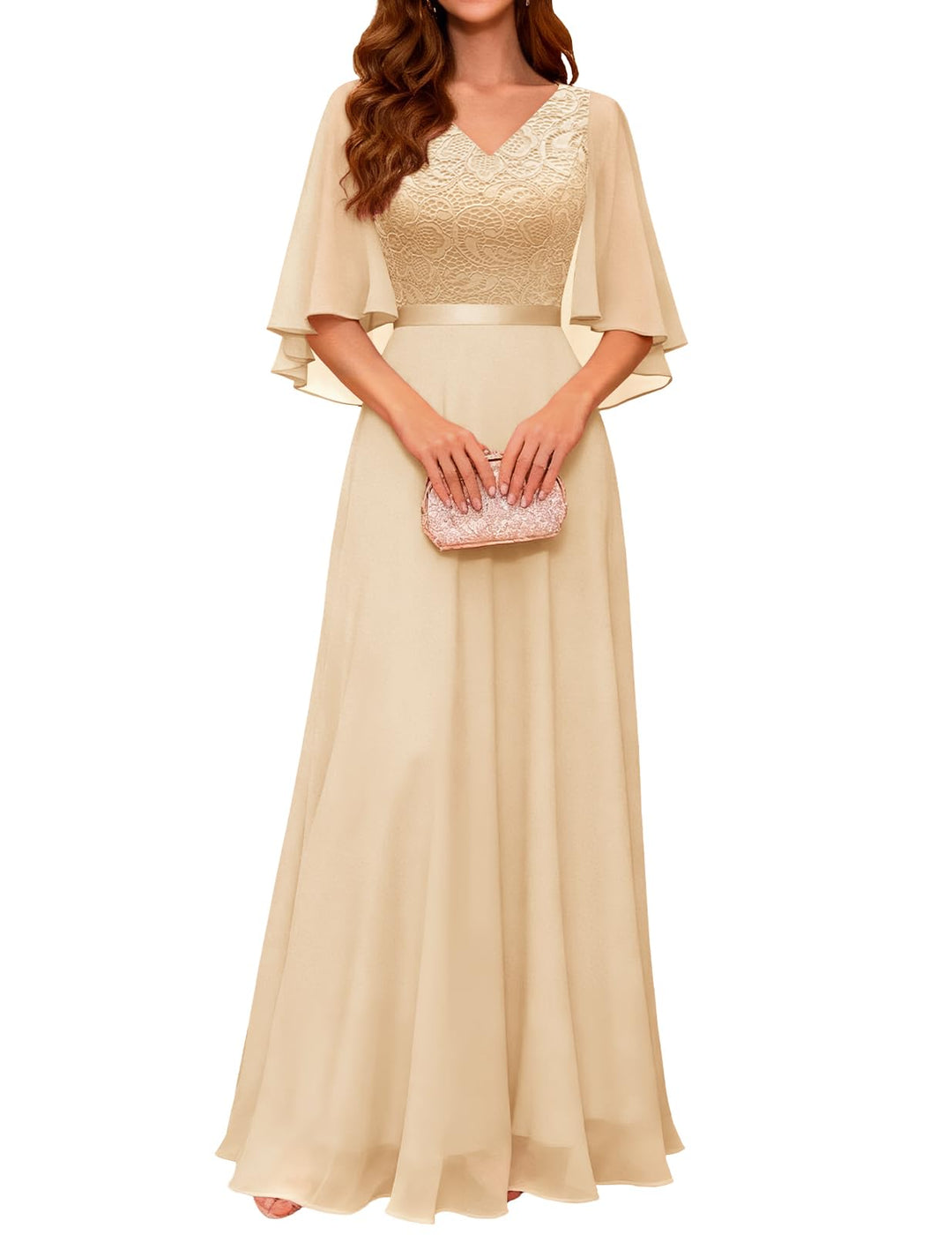 DRESSTELLS Abendkleid Damen Festlich Spitzenkleid für Hochzeit Chiffon Cape Ärmel Ballkleid Elegant