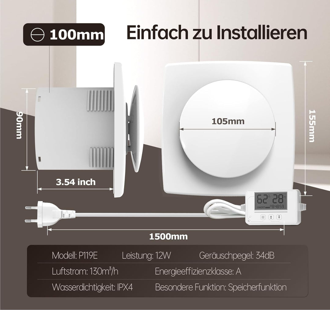 Badlüfter mit Feuchtigkeitssensor&Temperatursensor, Timer - Bad Lüfter 100mm mit Visualisiertem Cont