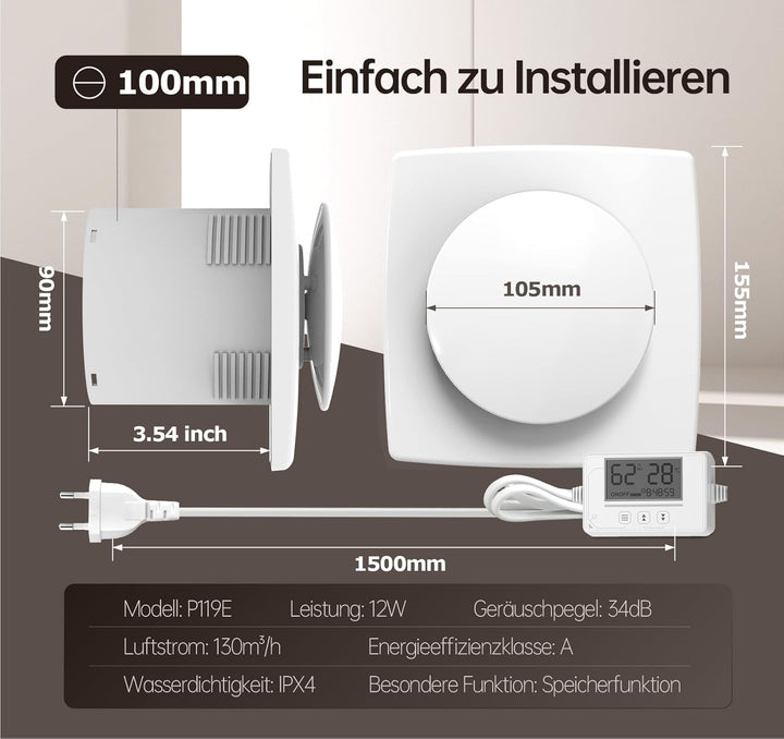 Badlüfter mit Feuchtigkeitssensor&Temperatursensor, Timer - Bad Lüfter 100mm mit Visualisiertem Cont