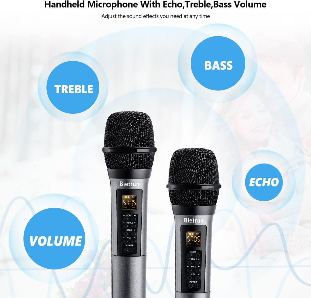 Bietrun Kabellose Mikrofone mit Echo, Höhen, Bass und Bluetooth, 160 m Reichweite, tragbares UHF-Han