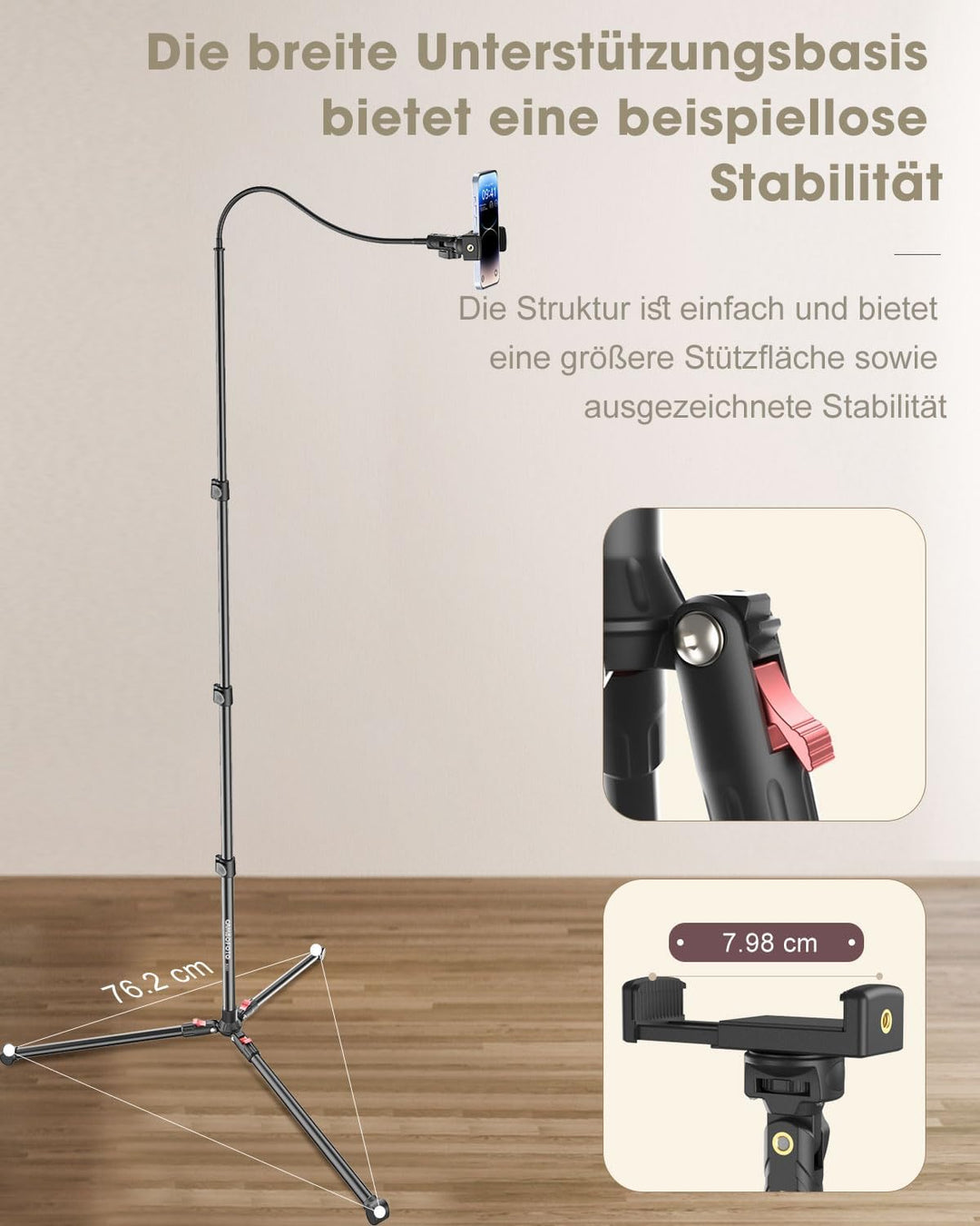 CAMBOFOTO 220cm Handy Stativ für Smartphone, 40cm Schwanenhals und Einstellbarer 360°-Kopf, Selfie S