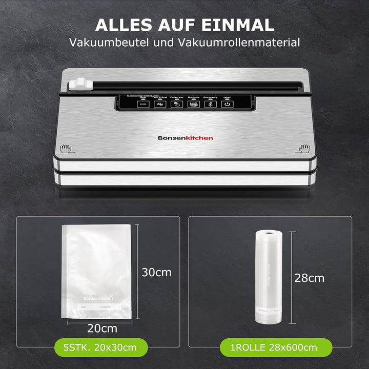 Bonsenkitchen Vakuumierer, Stark Vakuumiergerät mit 5 Modi, 8 L/Min, Globefish-Technologie für Konti