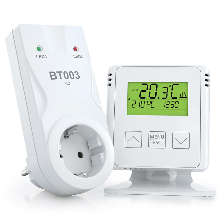 ELEKTROBOCK BT733 Funk-Raumthermostat mit Zwischensteckdose - 35 m Reichweite - Für elektrische Heiz