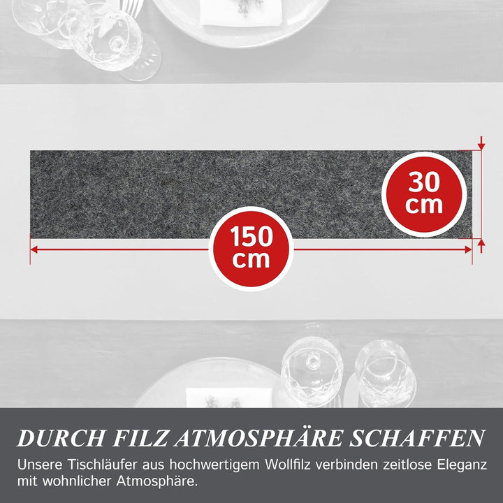 Moderner Tischläufer aus Filz für den Herbst, anthrazit (aus 100% Schafwolle), 150 x 30 cm, 5mm dick