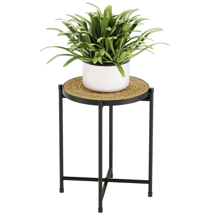 Bamworld Blumenständer Metall Pflanzenständer mit Geflochtenem Tablett, Moderner Blumen Tisch für In