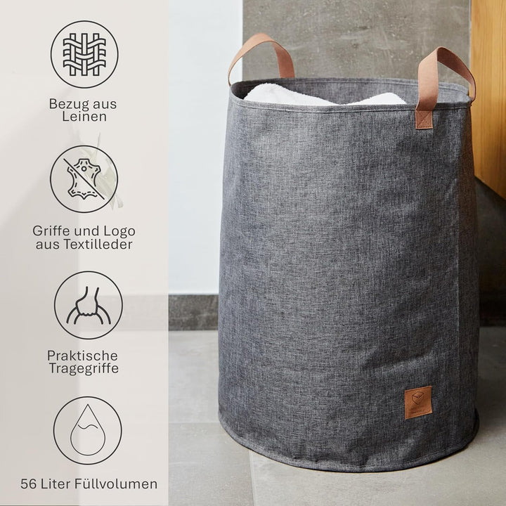 LOVE IT STORE IT Premium Aufbewahrungskorb mit Griffen - Runder Wäschesammler aus Leinen - Grau - St
