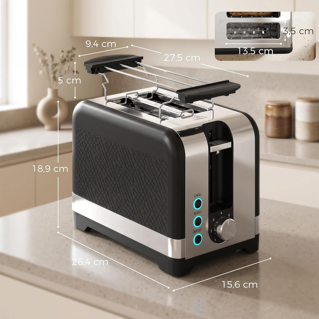 HOMCOM Toaster 2 Scheiben mit 7 Bräunungsstufen, Aufwärmen, Auftauen, Abbruch, Brötchenaufsatz, Selb