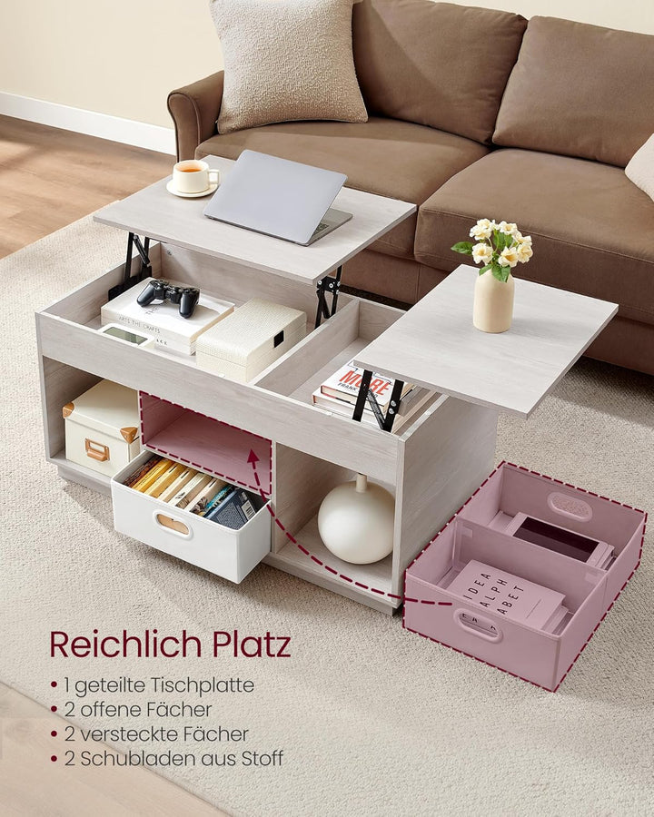 VASAGLE Couchtisch, höhenverstellbarer Wohnzimmertisch, 2 Schubladen und versteckte Fächer, Kaffeeti