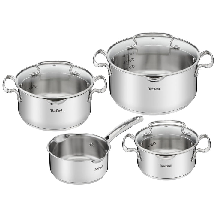 Tefal Duetto + 3 Töpfe 16/20/24 cm, 1 Stielkasserolle 16 cm aus Edelstahl, 3 Glasdeckel, Messmarkier