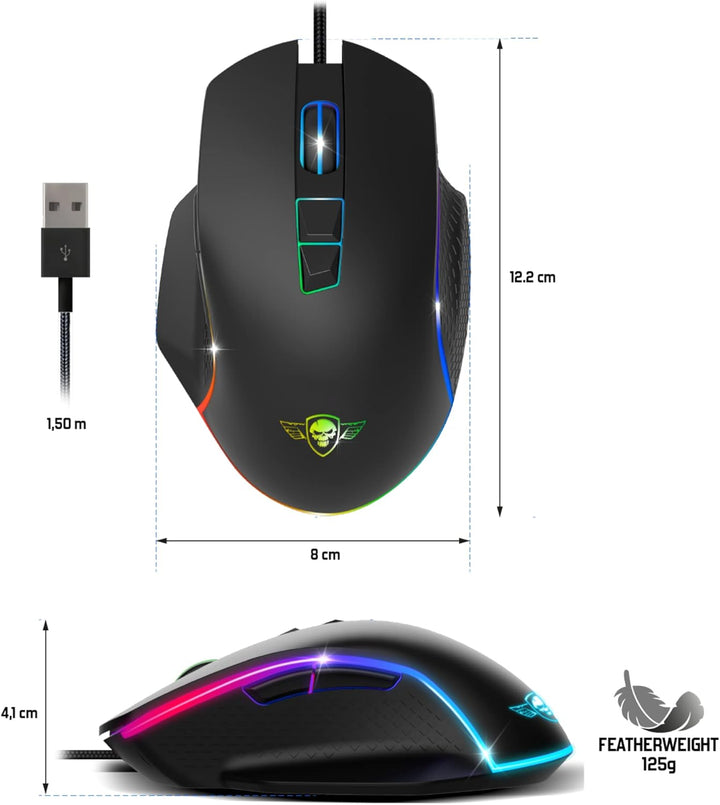 SPIRIT OF GAMER Pro M1, Gaming Maus Kabelgebunden, 7 Programmierbare Knöpfe, Optischer Sensor 8000 D