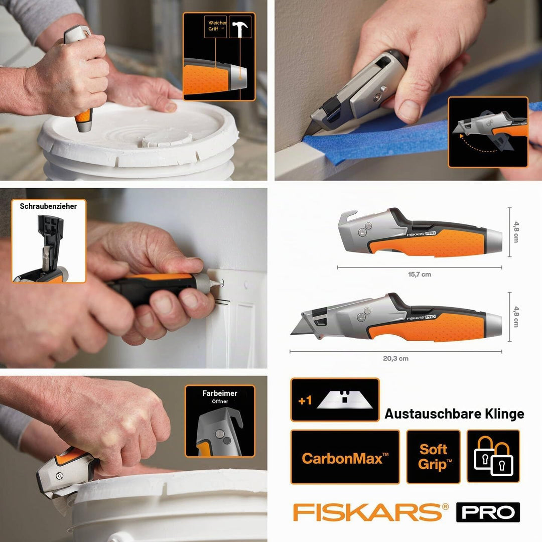 Fiskars Universal-Malermesser, Länge 19,1 cm, Rostfreier Stahl/Kunststoff, Schwarz/Orange, CarbonMax