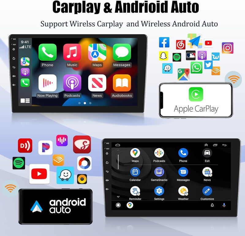 Autoradio Android da 10 pollici a 1 Din Con Wireless Carplay e Android Auto, Radio Touchscreen Con s