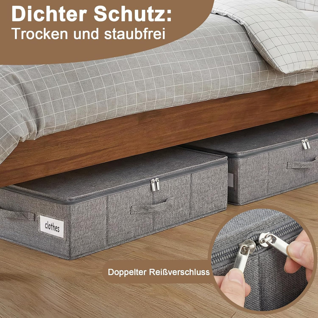2er Set Unterbett Aufbewahrungsbox 17cm Hoch - Unterbettkommode mit Decke aus Leinenmaterial, 3 Grif