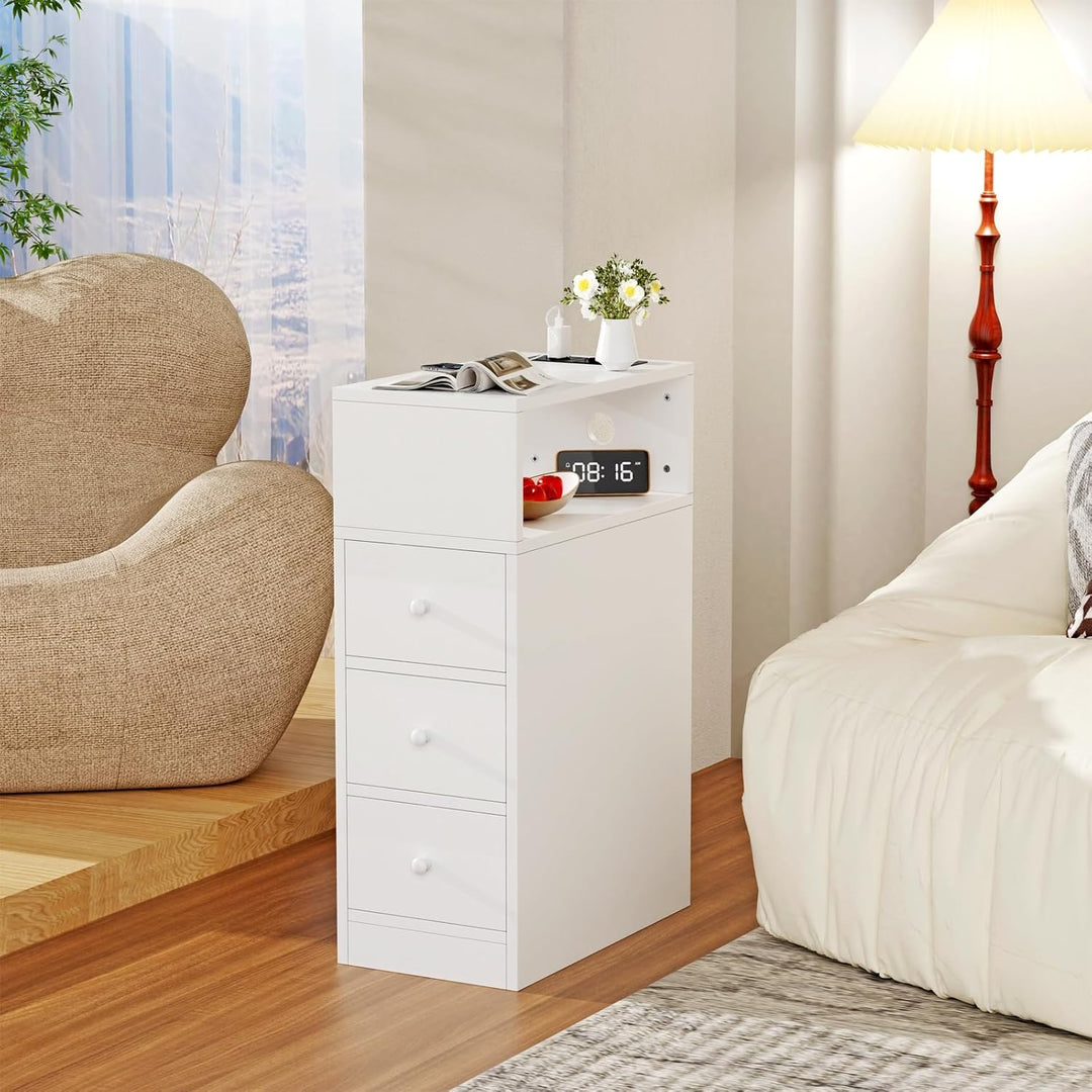 PIPIPOXER Nachttisch schmal, Nachttisch mit Steckdose & USB, Nachtschrank mit 3 Schublade, 1 Offenen
