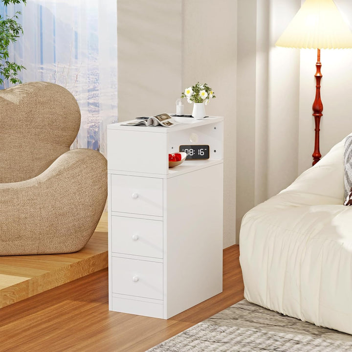 PIPIPOXER Nachttisch schmal, Nachttisch mit Steckdose & USB, Nachtschrank mit 3 Schublade, 1 Offenen
