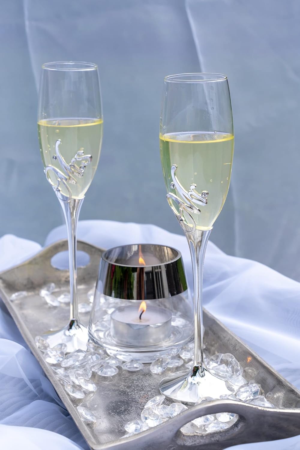 Casablanca - Champagnerglas - MR+MRS- Metall - Farbe: Silber - 2 er Set - Höhe : 27cm