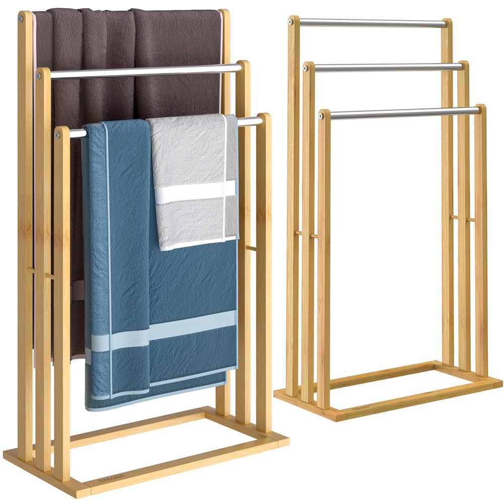 CASARIA® 2er Set Handtuchständer Freistehend Bambus Holz 84 x 46 x 24 cm 3 Edelstahl Stangen Handtuc