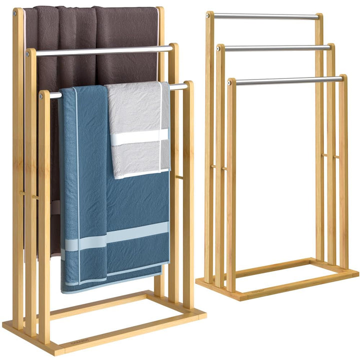 CASARIA® 2er Set Handtuchständer Freistehend Bambus Holz 84 x 46 x 24 cm 3 Edelstahl Stangen Handtuc