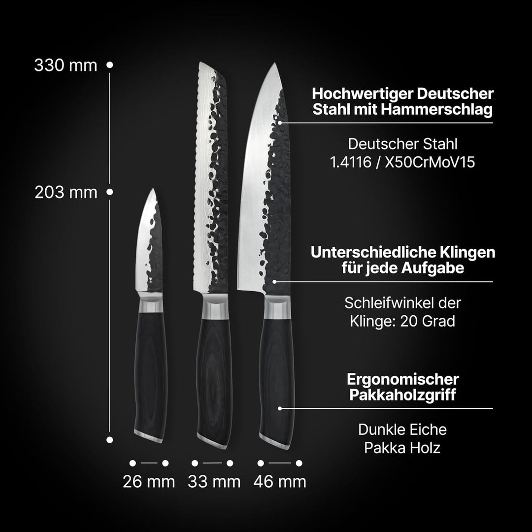 FIVI Messer Set 3-teilig ROLF, BERND, LUCA | Scharfes Küchenmesser Set aus deutschem Edelstahl mit H