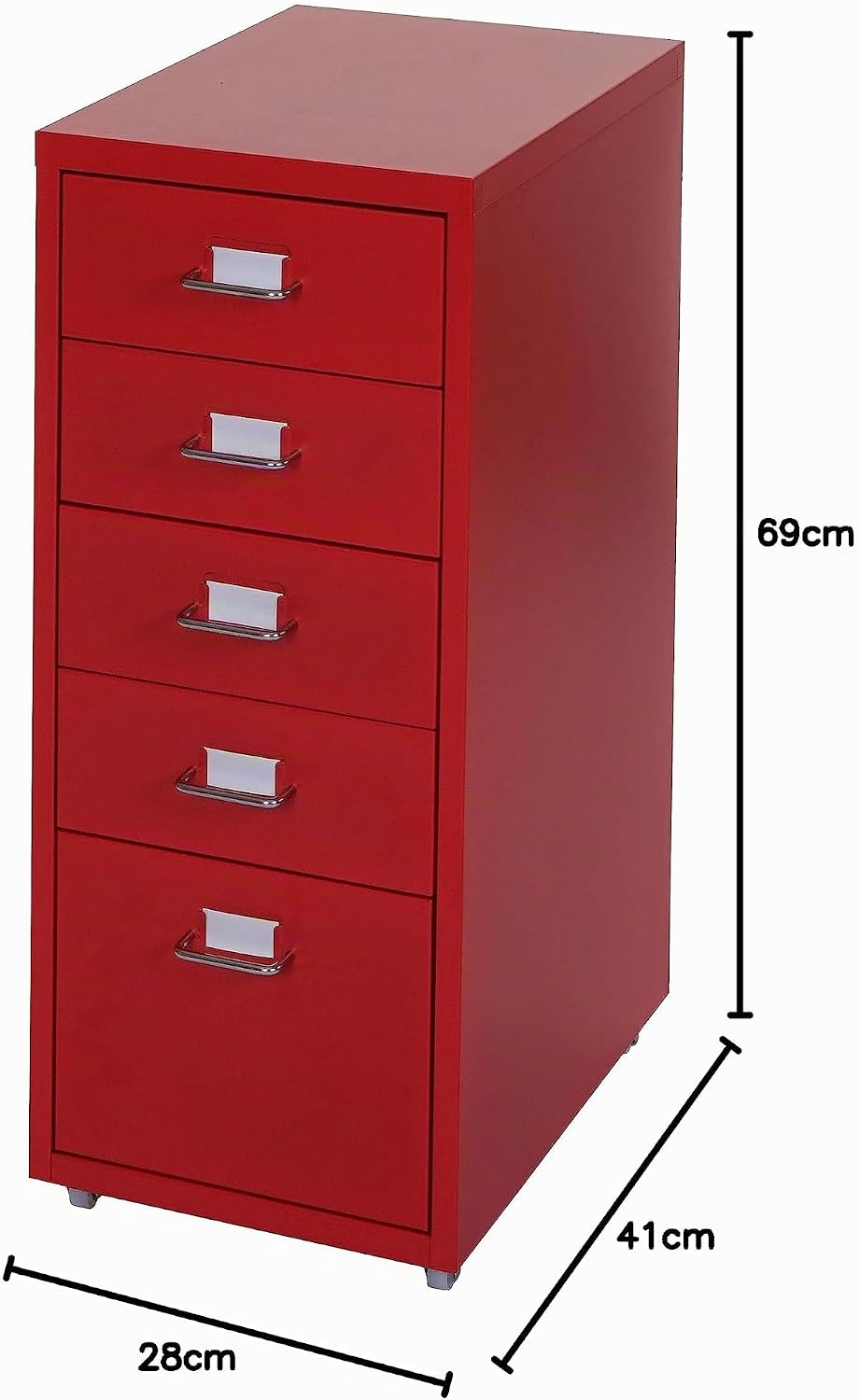 Mendler Rollcontainer Boston T851, Schubladenschrank Stahlschrank, 69x28x41cm 5 Schubladen - rot, Ro