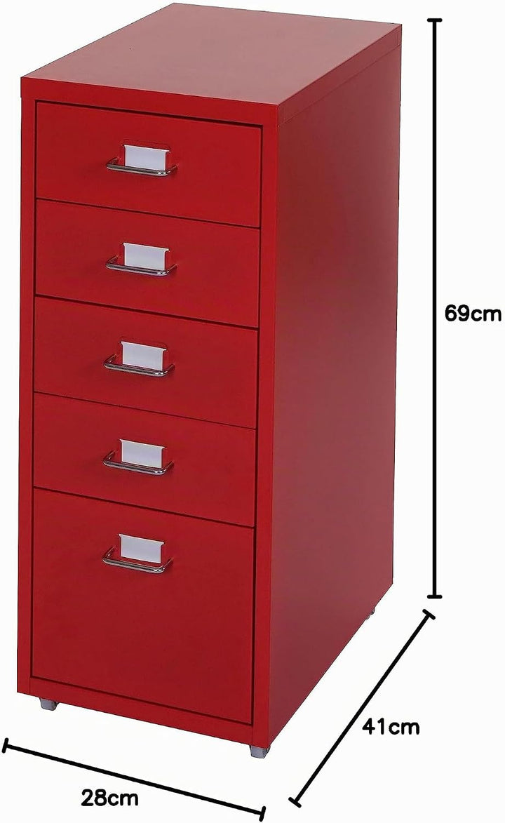 Mendler Rollcontainer Boston T851, Schubladenschrank Stahlschrank, 69x28x41cm 5 Schubladen - rot, Ro