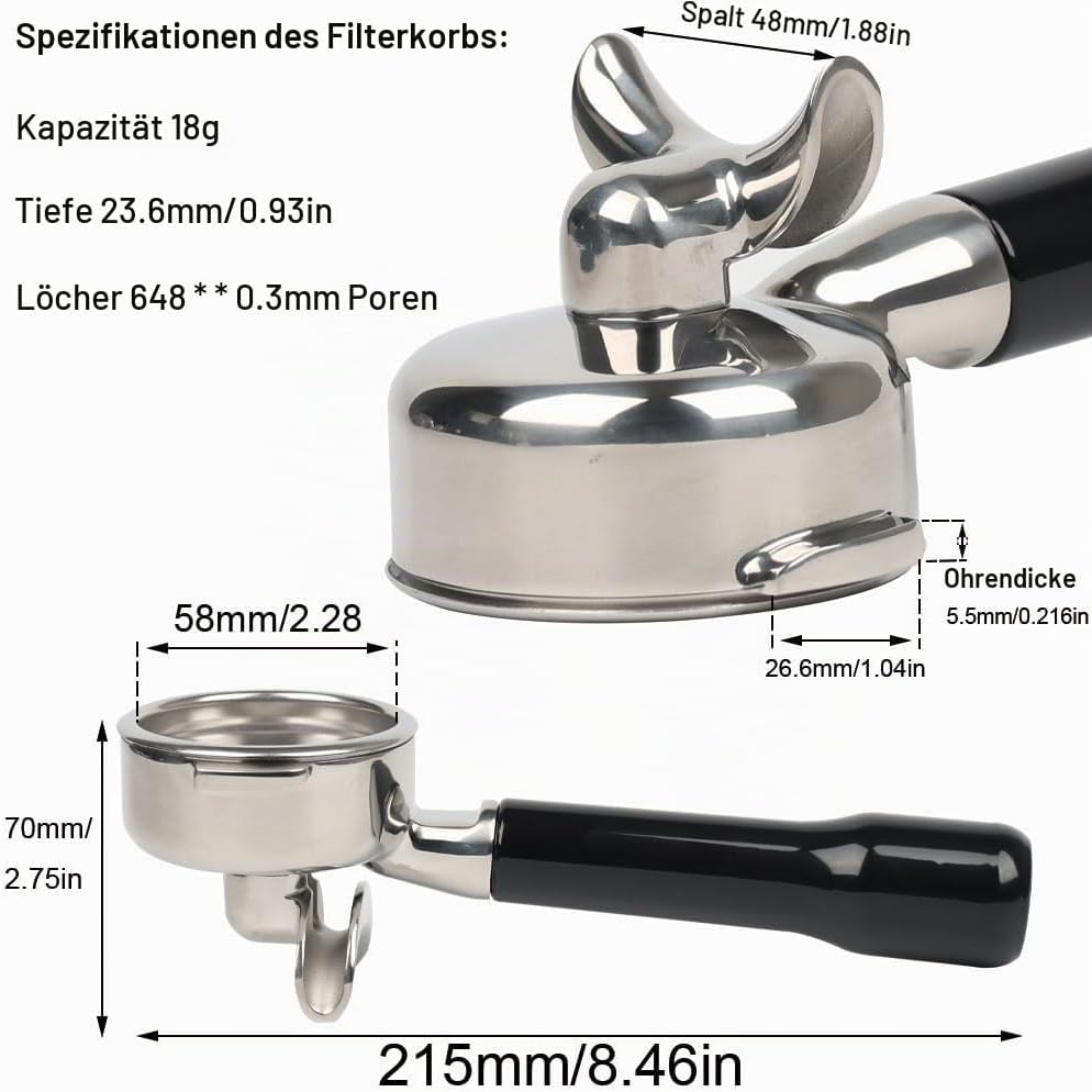 Siebträger 58mm Doppel Auslauf für E61, Filterkorb mit ABS Holz und Edelstahl-SiebträGer-Filterhalte