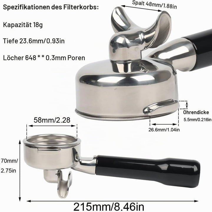Siebträger 58mm Doppel Auslauf für E61, Filterkorb mit ABS Holz und Edelstahl-SiebträGer-Filterhalte