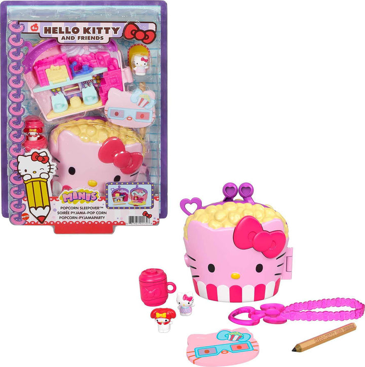 Hello Kitty GVB32 - Popcorn-Pyjamaparty (12,5 cm) mit 2 Sanrio Minis Figuren, Notizblock und Schreib