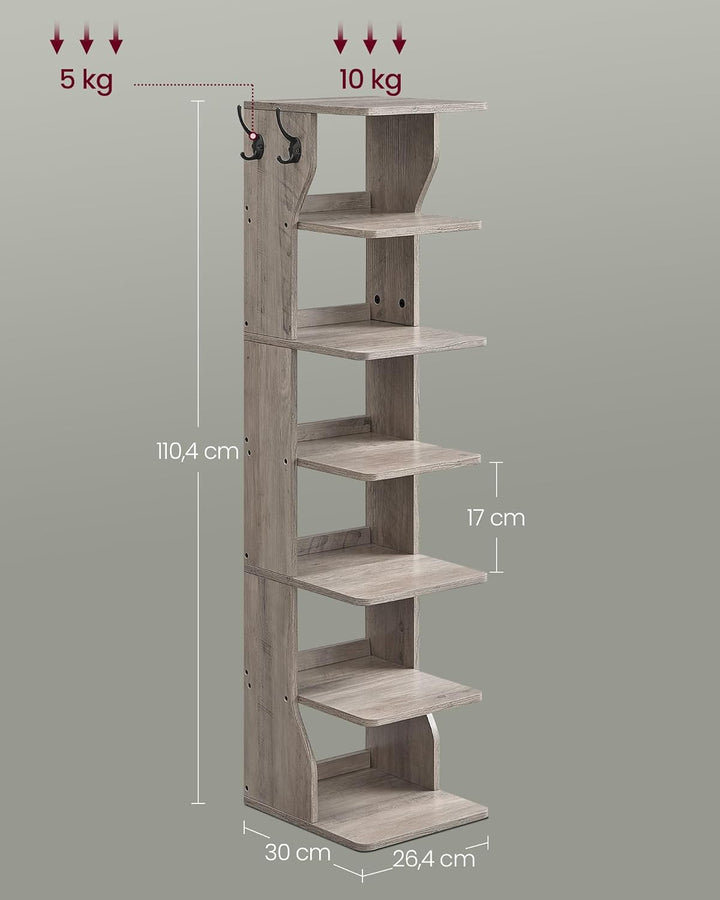 VASAGLE Schuhregal schmal, Standregal mit 7 Ebenen, platzsparend, für Eingangsbereich, Ecke, Schuhab