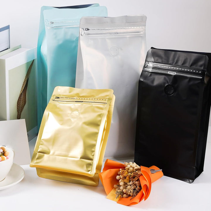 Kaffeebeutel mit Ventil (50 Stück, 453 g/0,5 kg), schwarze Aluminiumfolie, flacher Boden, stehende K