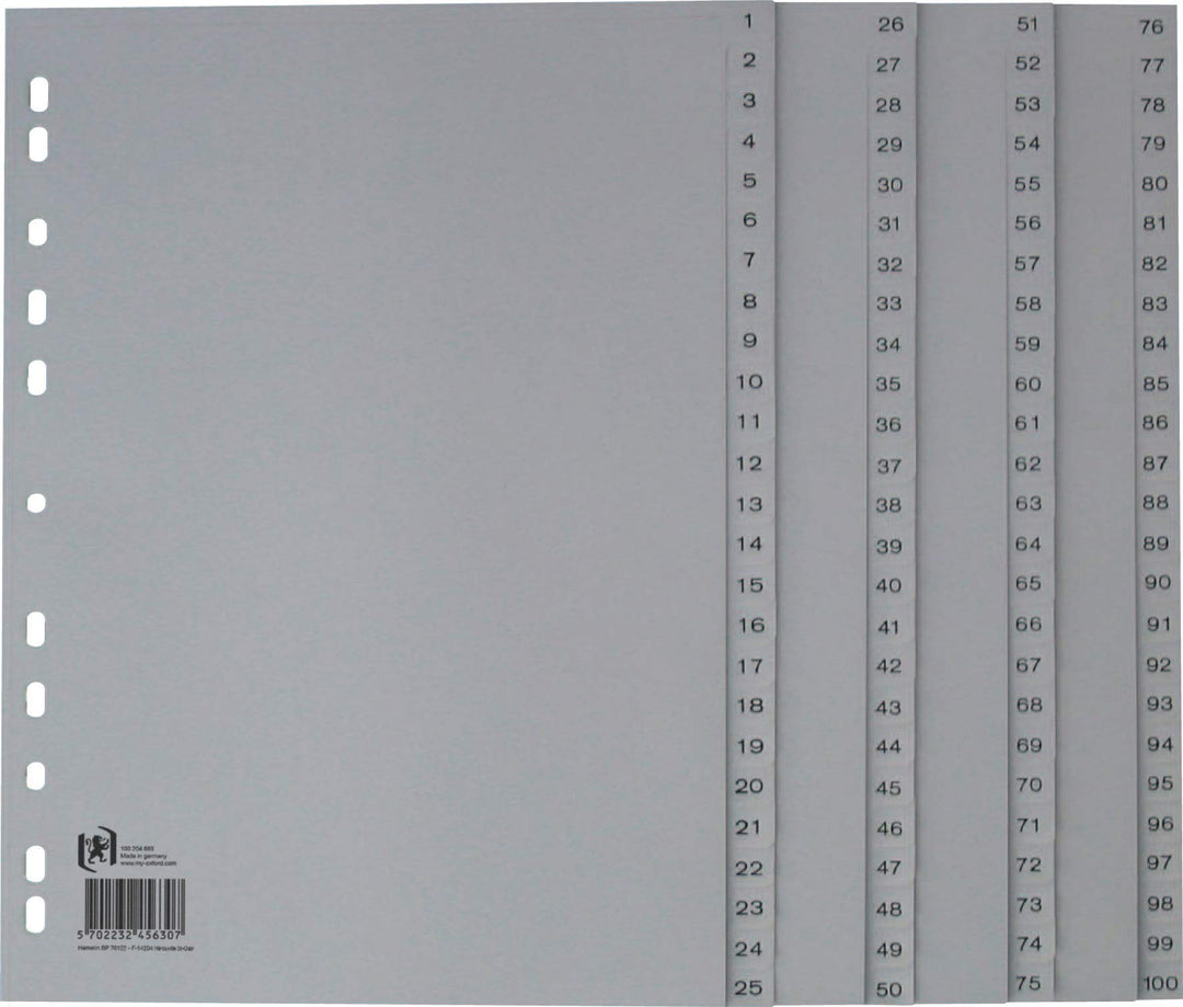 Oxford A4 Kunststoff-Register,100-teilig, ohne Deckblatt, grau, 5 Stück 5 Register, 5 Register