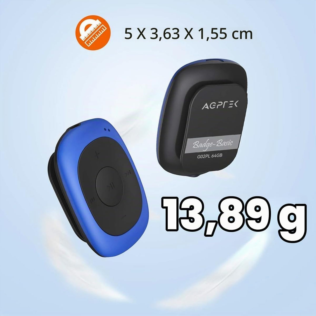 AGPTEK Mini Clip 64GB MP3 Player mit Bügel-Kopfhörer und Silikon Hülle, Leichter Sport Musik Player