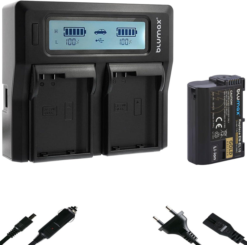Gold Edition Blumax Akku EN-EL15 2040mAh + Doppelladegerät EN-EL15 Dual Charger | passend zu D7000 D