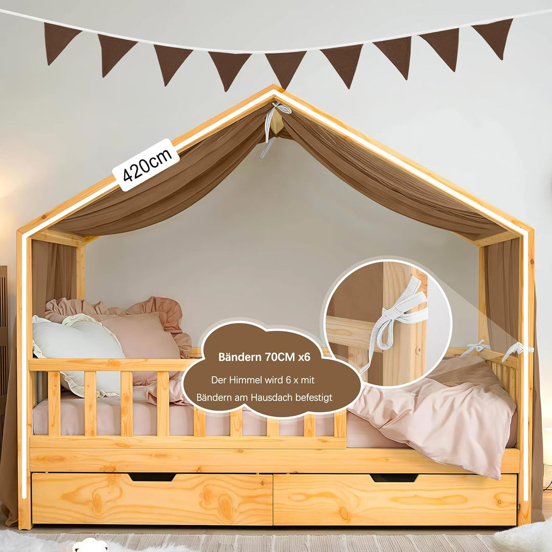 Hausbett Himmel Deko Set, Betthimmel Hausbett aus Musselin - 1 Betthimmel & 1 Wimpelkette, für Junge