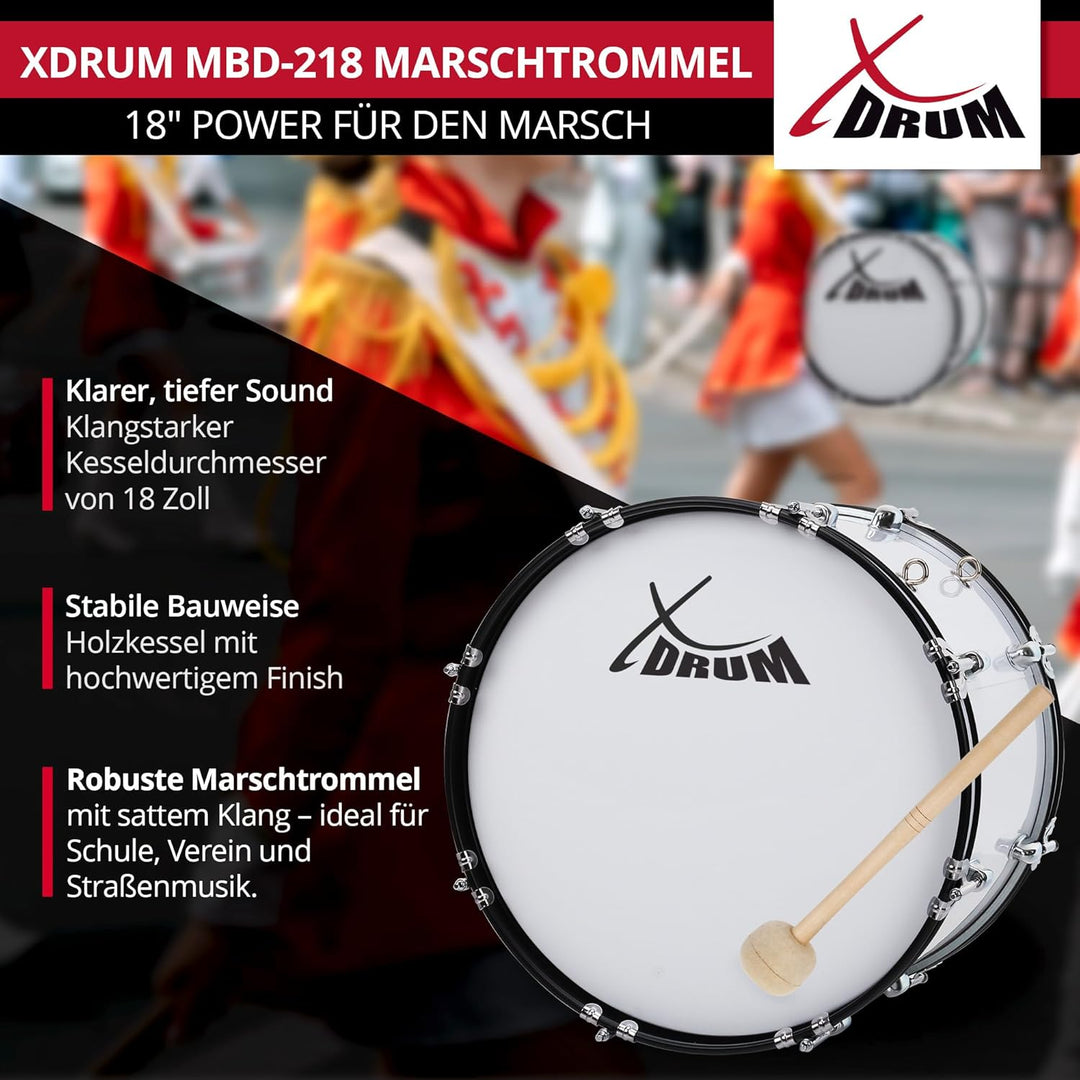 XDrum MBD-218 Marsch Bass Trommel, Fussball Pauke 18" x 12" (6,5 kg, 4 Ösen, Spannschrauben, inkl. P