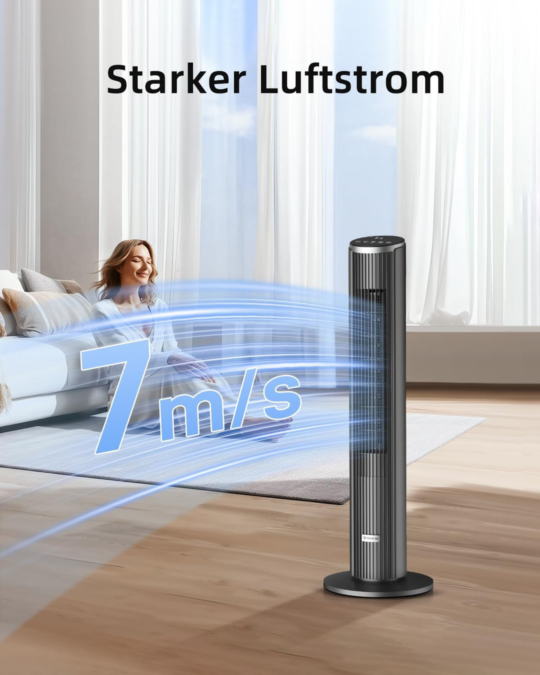 Leiser Turmventilator für Schlafzimmer, Standventilator mit Fernbedienung, 90° oszillierend, 4 Gesch