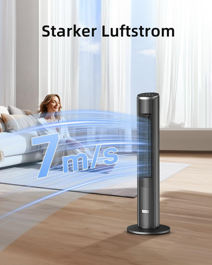 Leiser Turmventilator für Schlafzimmer, Standventilator mit Fernbedienung, 90° oszillierend, 4 Gesch