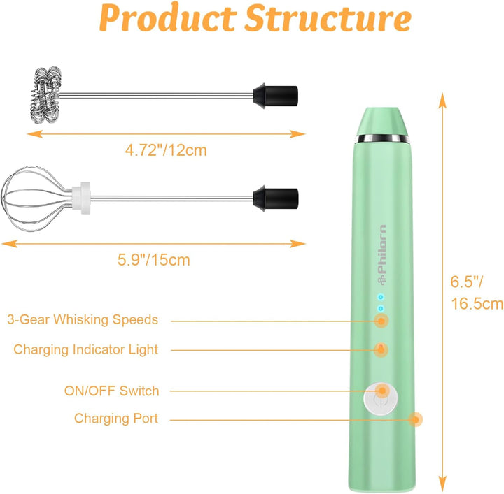 Philorn Milchaufschäumer Stab, Milchaufschäumer Elektrisch Stab Hand Held, 3-Gang USB Aufladbar Aufs