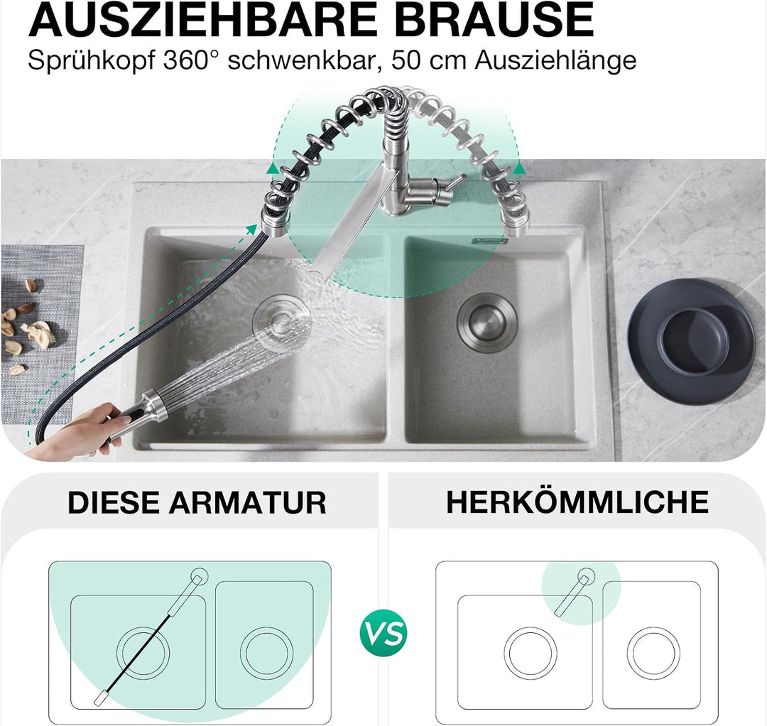 CREA 3 Wege Spiralfeder Küchenarmatur, Trinkwasserhahn Küche mit Brause ausziehbar, Wasserhahn Armat