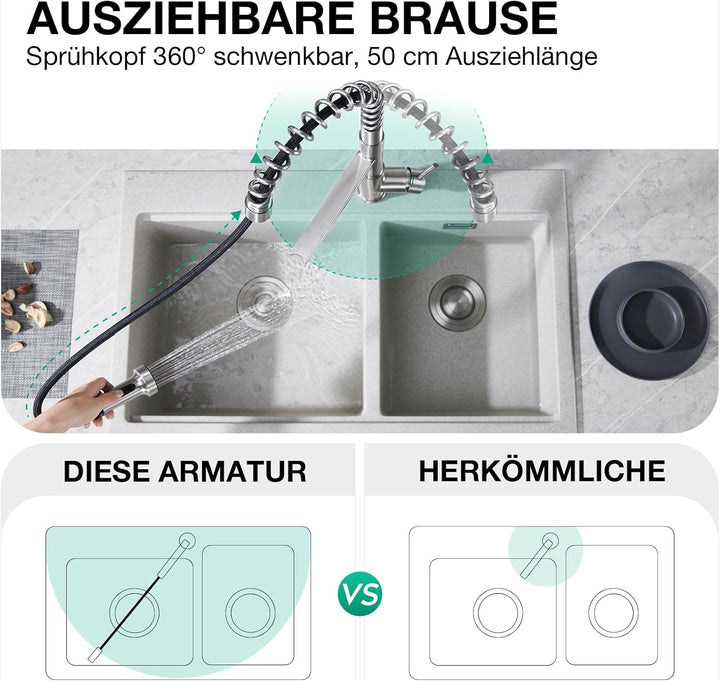CREA 3 Wege Spiralfeder Küchenarmatur, Trinkwasserhahn Küche mit Brause ausziehbar, Wasserhahn Armat