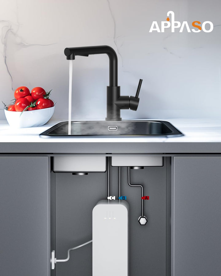 APPASO Niederdruck Wasserhahn Küche Schwarz, KTW-zertifizierten Heiss- und Kaltschläuche, Küchenarma