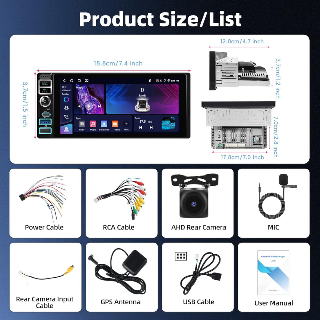 4GB+64GB CarPlay 1 Din Autoradio mit Type-C, 6,9 Zoll IPS Bildschirm mit WiFi GPS Kabellosen Android