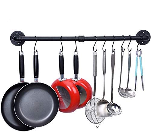 WuGeShop Topfregal Wandhalterung, Pfannenaufhänger Stange mit 10 Haken, Küchenutensilienregal Organi