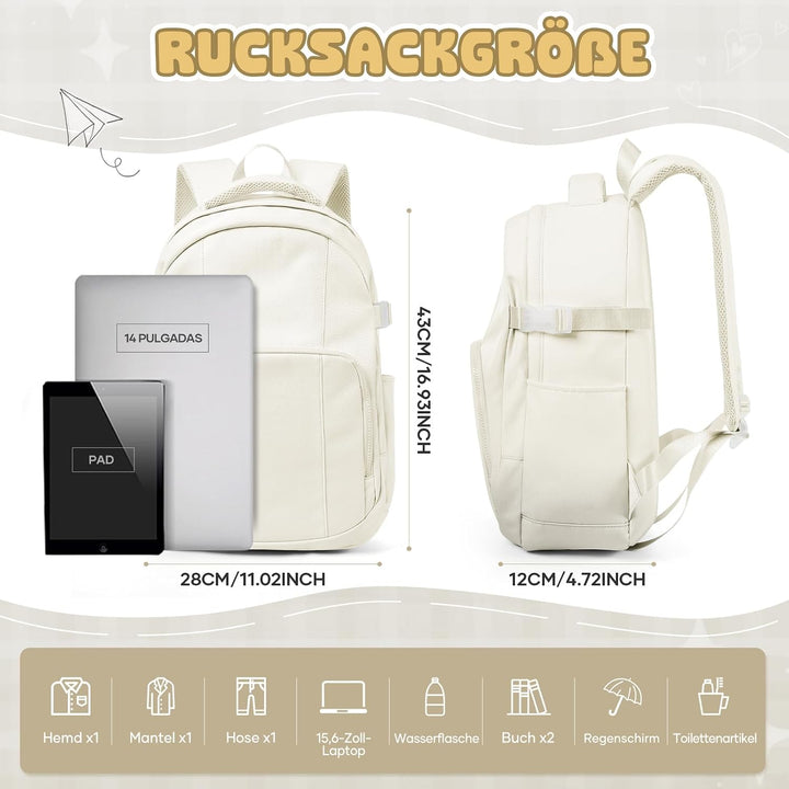 Leichter Schulrucksack Beige Teenager Mädchen Jungen Schultasche, Wasserdicht Rucksack Laptop Damen