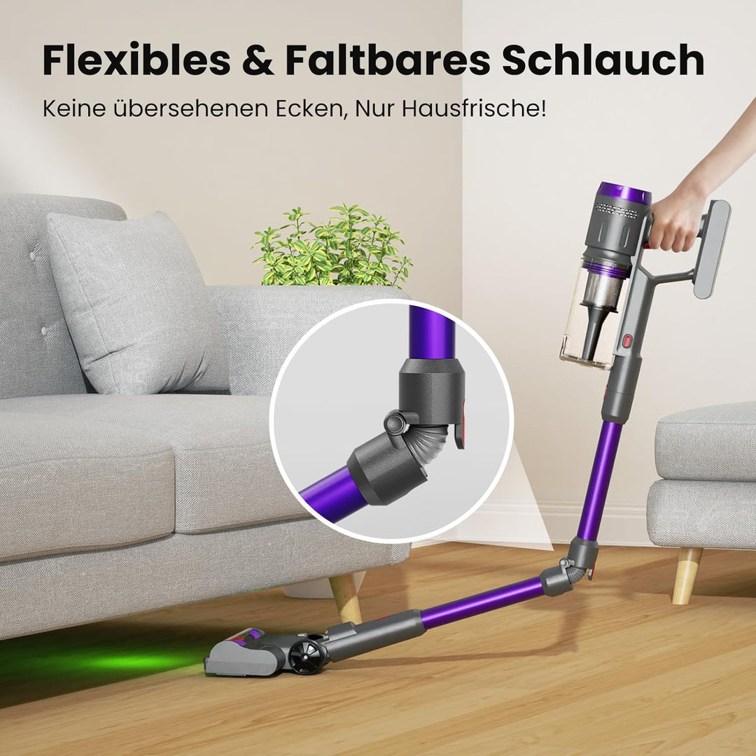 Akku Staubsauger, 600W/58000Pa/75Min, Laufzeit Staubsauger Kabellos mit Tierhaar-Entfilzer und LED D