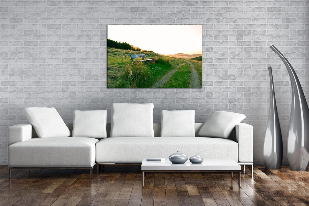 deyoli ruhige Bank am Feldweg Format: 100x70 als Leinwandbild, Motiv fertig gerahmt auf Echtholzrahm