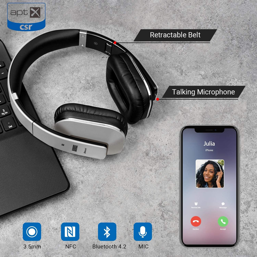 August EP650 - Bluetooth Kopfhörer v4.2 NFC mit aptX Low Latency - Stereo Over Ear Headphones mit Au
