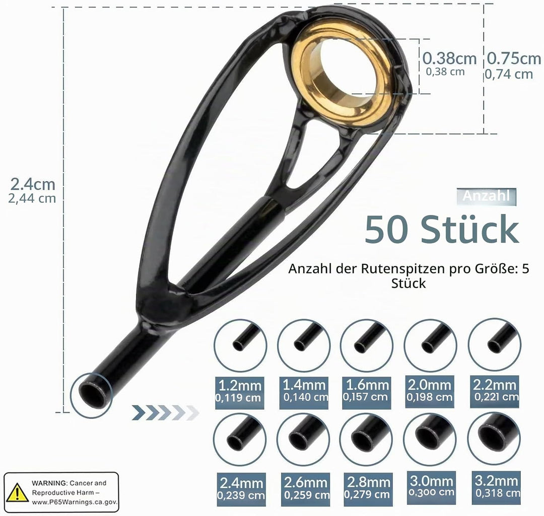 THKFISH Angelrute Reparatur Set Spitzenring Stipprute Tip Tops 50 Stück Ersatz-Kit für Angelrutenspi